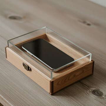 Smartphone locked in a wooden glass box for digital detox