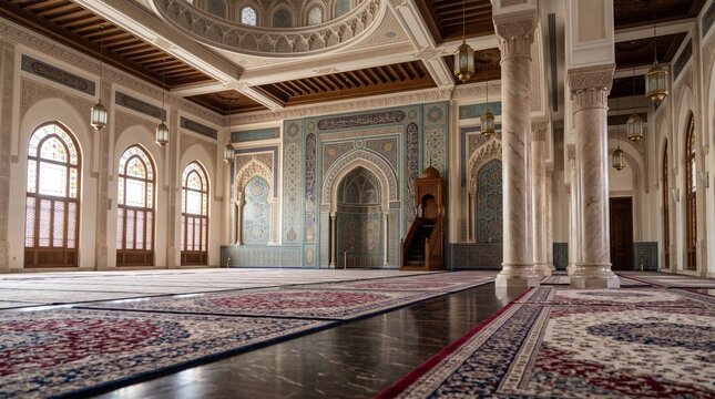 Interior view of a stunning mosque with traditional Islamic architecture featuring marble columns, intricate mosaic walls, and prayer rugs on the floor.