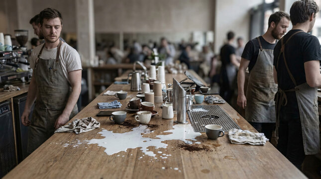 A barista stands beside a messy wooden counter in a cafe, with spilled milk and coffee cups, creating a scene of disarray.