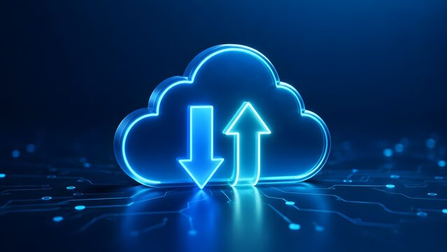 Glowing neon blue cloud computing icon with upload and download arrows on digital circuit background representing data transfer and storage