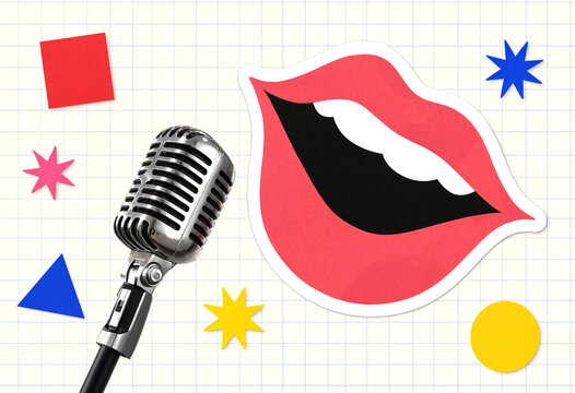 Vintage microphone with colorful geometric shapes and open mouth illustration on grid background