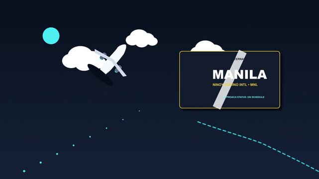 Airplane approaching Manila Philippines airport sign arrival, travel and tourism motion graphic
