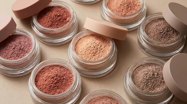 Small glass jars with loose powder makeup eyeshadow in various brown and purple shades on a table. poudres