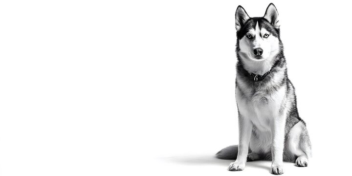 Black and white  portrait of a husky dog sitting calmly on a white background