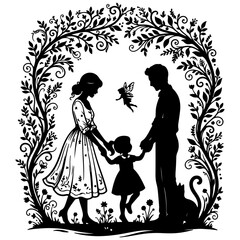 Obraz premium Family silhouette with fairy in floral frame