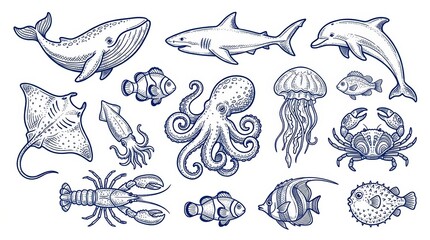 Fototapeta premium Set of hand drawn sea animals isolated on white background
