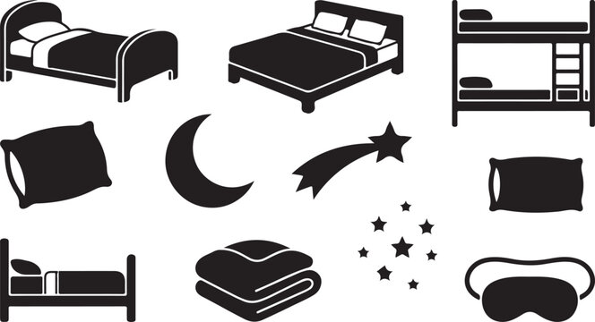 Bedroom Furniture and Bedtime Icon Set with Single Double Bunk Beds Pillow Blanket and Sleep Mask Symbols for Hotel and Home Interior Designs