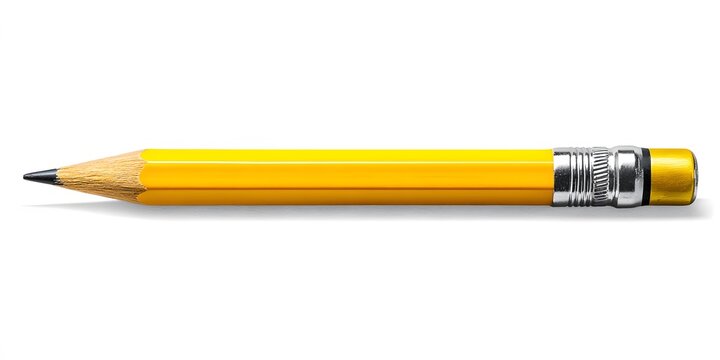 Yellow wooden pencil with sharpened graphite tip and pink eraser isolated on white background