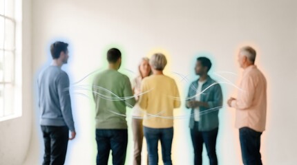 Fototapeta premium Diverse group of people standing together in a circle displaying colorful glowing aura energy fields around their bodies, representing spiritual connection, chakra alignment