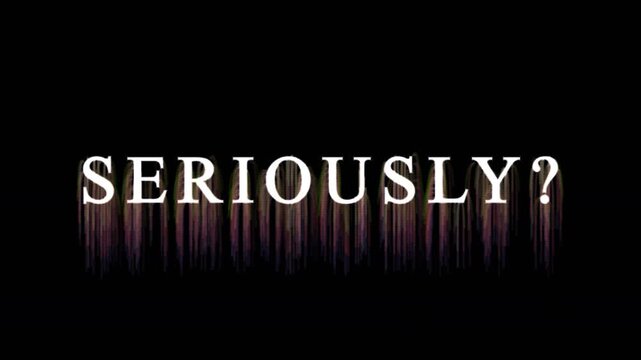 Seriously text with light effects and barcode transformation on black background cinematic motion