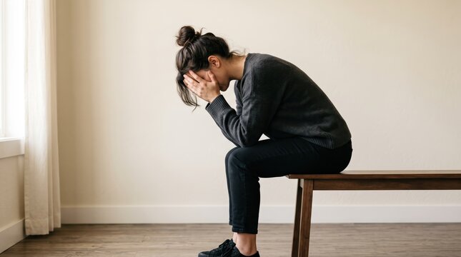 Sad depressed woman sitting alone on wooden bench indoors holding head in hands, emotional distress mental health crisis, anxiety stress burnout exhaustion feeling