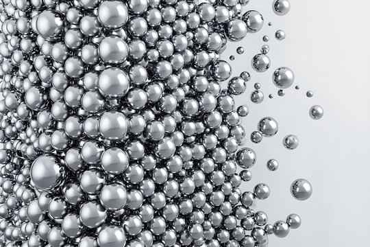 Rising column of reflective silver spheres in white studio