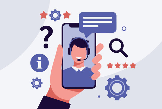Customer service operator on a smartphone screen surrounded by rating stars and technical support icons.