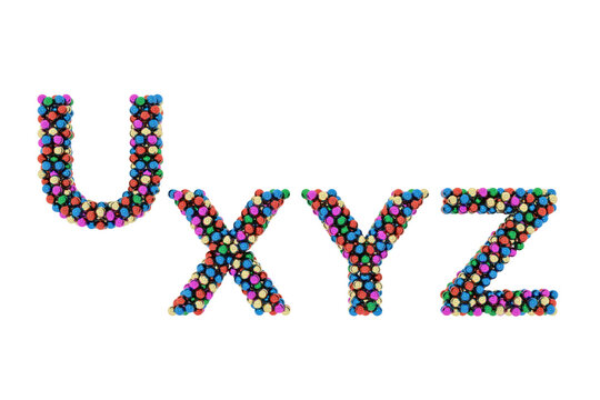 Uppercase letters u, x, y, z formed by multicolored small spheres or beads on a plain white background, isolated on a, transparent background