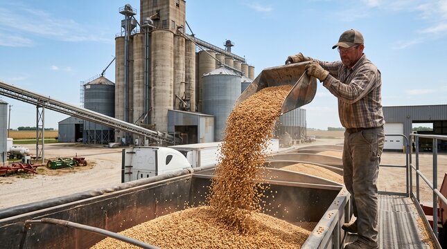Agricultural worker pouring golden corn grain into storage bin near grain silos