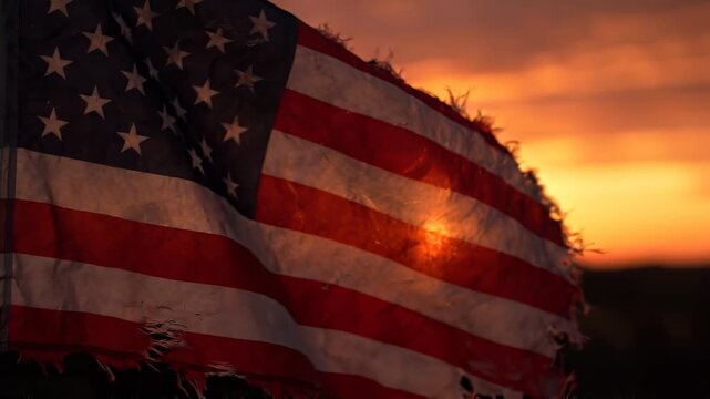 Tattered american flag waving against a vibrant orange sunset background.