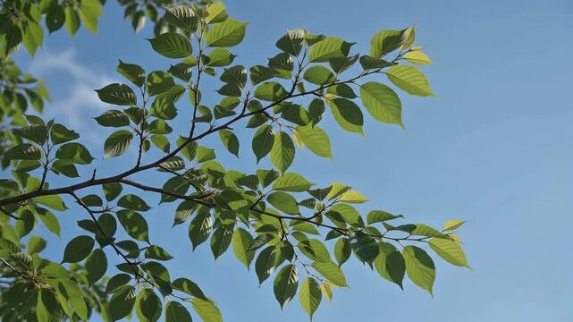 Lush green tree leaves and branches swaying under a clear bright blue summer sky