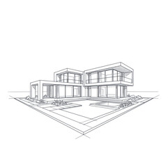 Fototapeta premium Clean Modern Minimalist Architectural Sketch of a Contemporary Two Story House with Flat Roof and Open Terraces
