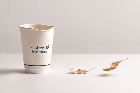 Disposable paper cup with deformed rim and dried autumn leaves in soft breeze, bright studio