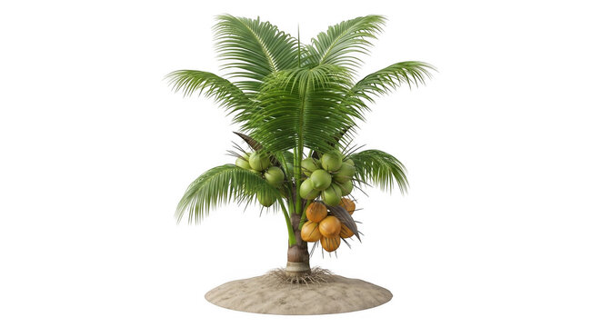Small coconut palm tree with green and yellow coconuts isolated on white background