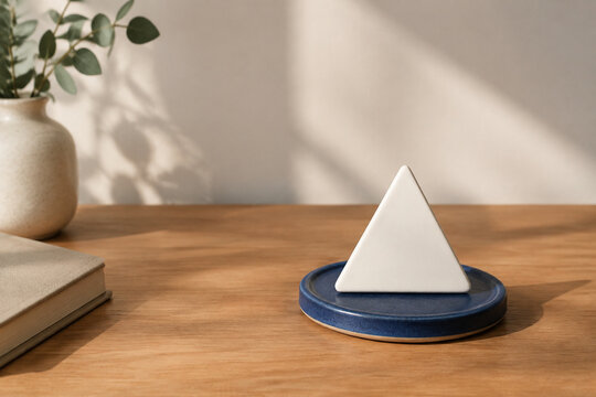 White equilateral triangle paperweight on blue ceramic coaster, neutral still life for editorial header