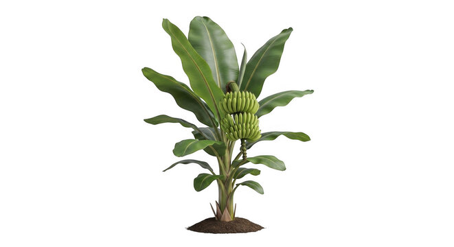 Small banana tree with green fruit isolated on white background