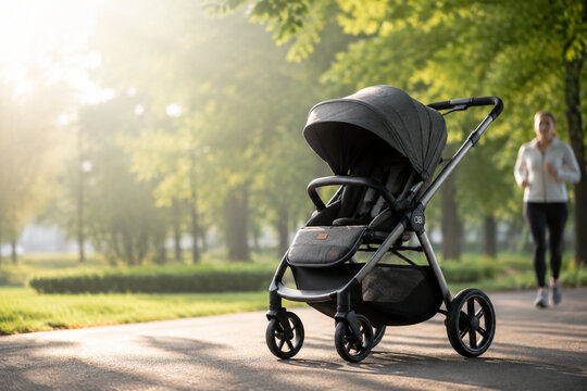 Modern stroller with grey frame and black wheels on sunlit park path, blurred parent jogging behind, green foliage bokeh