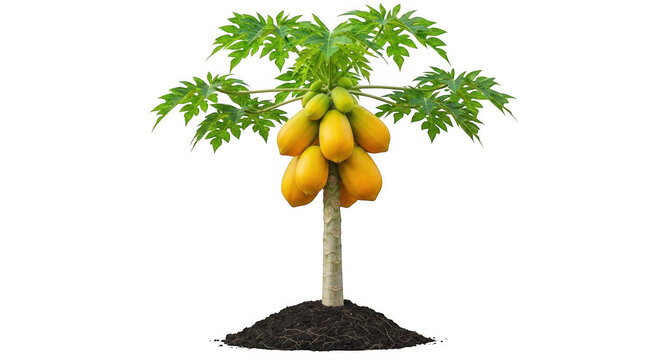 Small papaya tree with ripe yellow fruits isolated on white background