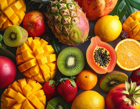 Assortment of fresh colorful fruits in wooden bowl.