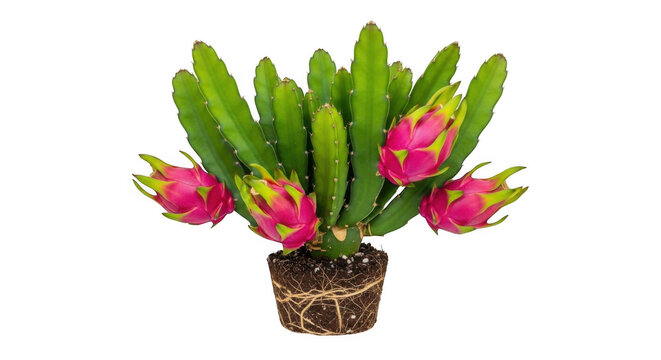 Dragon fruit cactus plant with ripe pink pitaya fruits isolated on white background