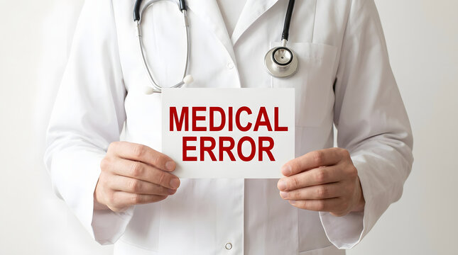 Physician in a white medical coat with a stethoscope holding a paper displaying the text MEDICAL ERROR in bold red letters, highlighting a clinical mistake in a professional healthcare context
