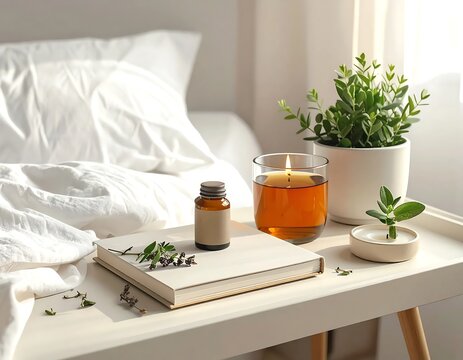 Minimalist bedroom with natural decor and lighting.
