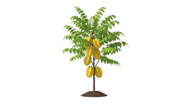 Small starfruit tree with ripe yellow carambola fruits isolated on white background