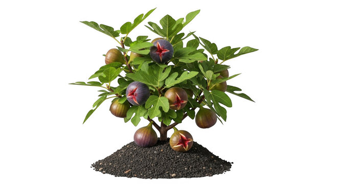 Small fig tree with ripe purple fruits growing in a pile of soil isolated on white