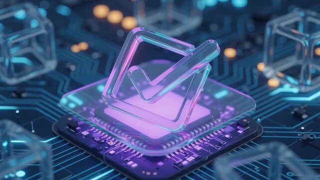 Verification Checkmark on Microchip with Blockchain Cubes and Circuit