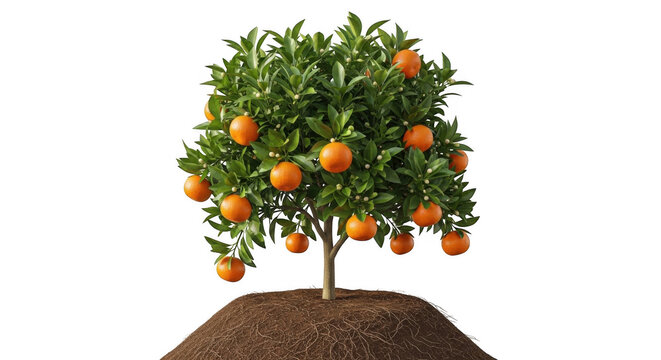 Small orange tree with ripe citrus fruits growing in a mound of soil isolated on white