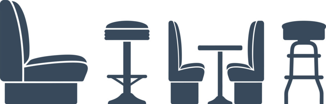 A vintage arrangement of classic diner furniture including booths and high counter seating helps to represent the nostalgic interior decor style of traditional American restaurants