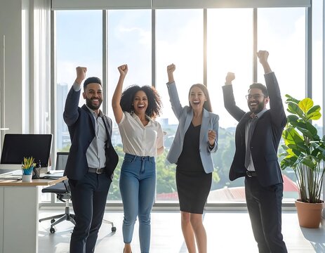 Team celebrating success with raised hands in office.