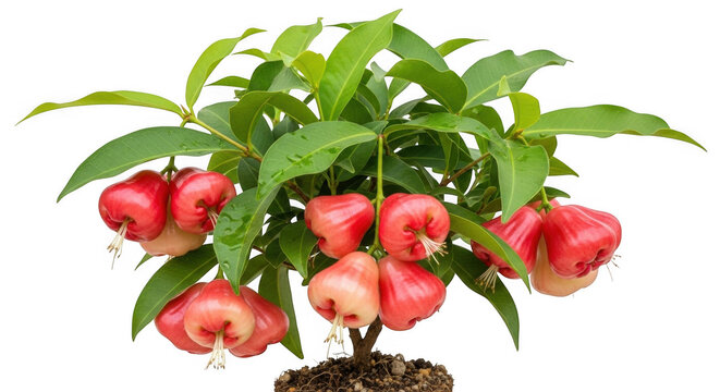 Small Rose Apple Tree with Ripe Red Fruits Isolated on White Background