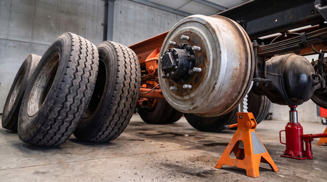 Heavy truck tires lean against axle with bare wheel hub on jack stands inside repair garage