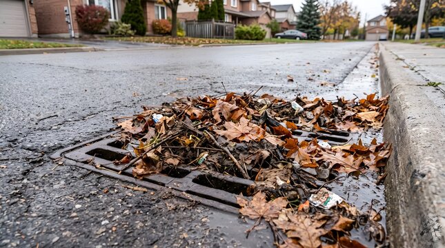 Photorealistic microstock photo of a clogged storm drain gra