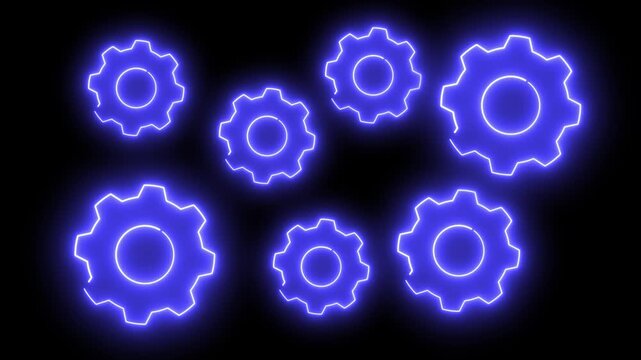 Neon blue cogs hover against black background