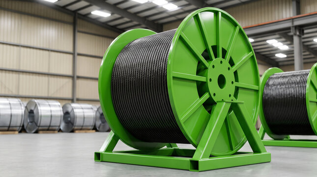 Green cable reels loaded with black wire coils stored in a large industrial warehouse with bright lighting