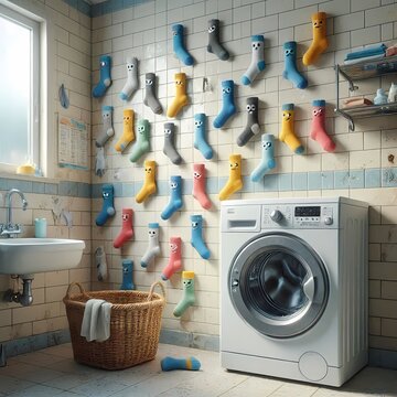 A laundry room with socks that have escaped and are climbing the walls, Ai generated image