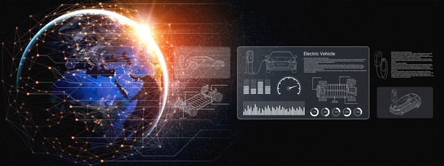 This image illustrates electric vehicle technology with a global perspective, showcasing data...