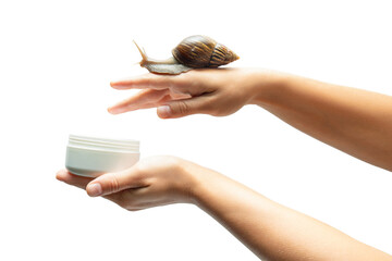 Skin care. Hands display snail resting atop while presenting skincare product, PNG © Atlas