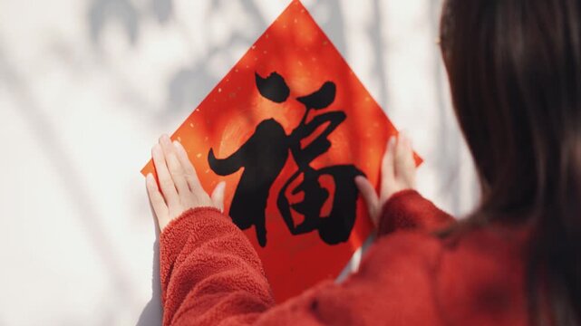  Chinese New Year celebration montage, writing fu character, making dumplings, red lanterns, family reunion dinner Lunar New Year footage