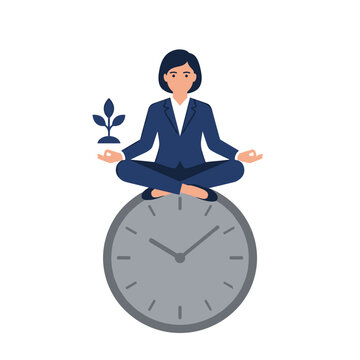 Businesswoman meditating on clock - work life balance and time management