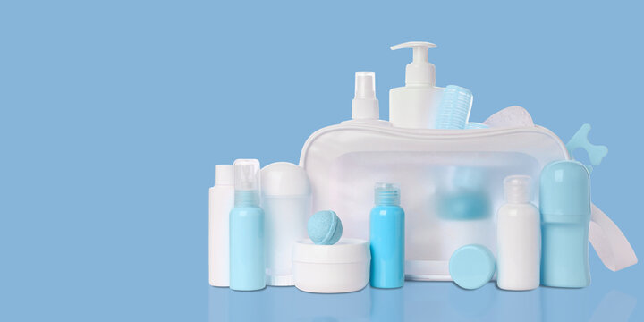 Cosmetics. Toilet bag showcases an array of colorful cosmetics and toiletries