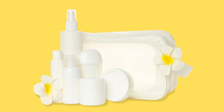 Cosmetics. Cosmetics and toiletries are organized in transparent toiletry bag